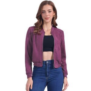 Faux Suede Cropped Coat Stand Collar Zip Up Biker Moto Bomber Jacket Dark Purple